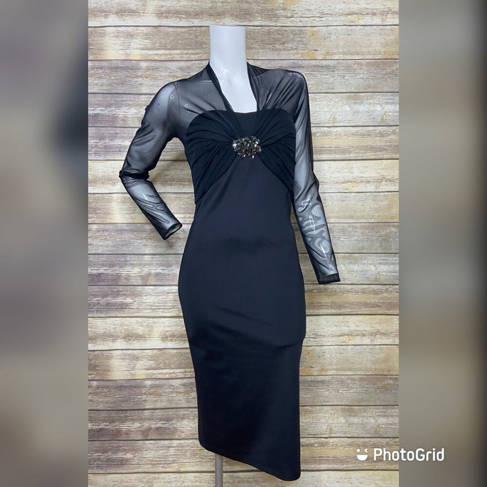 Tadashi Shoji XS black mesh long sleeve jewel v neck cocktail dress